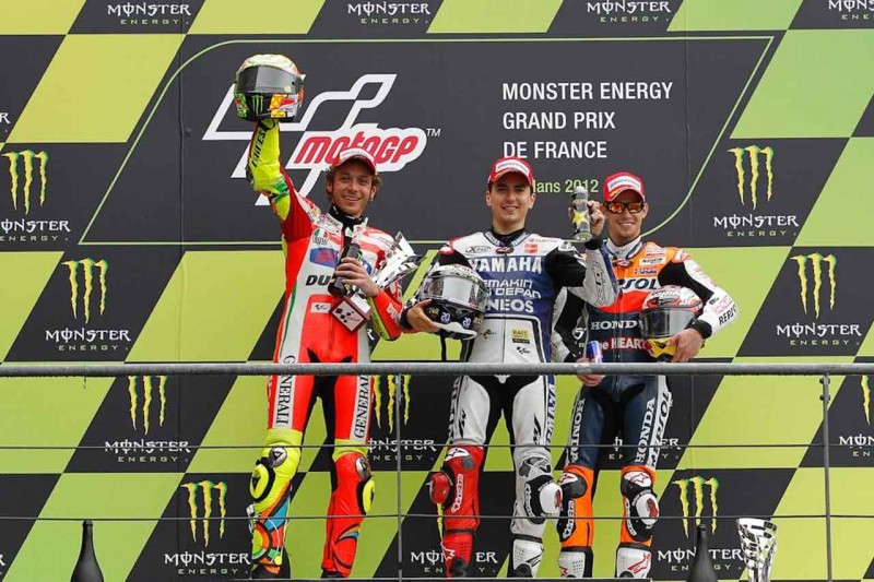 MotoGP, Гран При Франции 2012, Хорхе Лоренцо, Валентино Росси, Кейси Стонер, Подиум MotoGP, Гран При Франции 2012, Хорхе Лоренцо, Валентино Росси, Кейси Стонер, Подиум