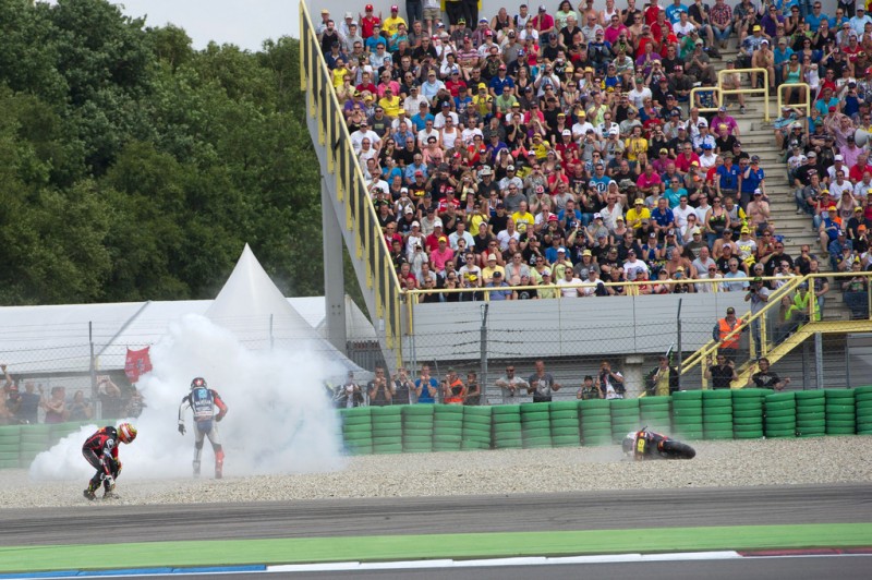 MotoGP, 2012 Iveco TT Assen, Jorge Lorenzo and Alvaro Bautista accident crash.