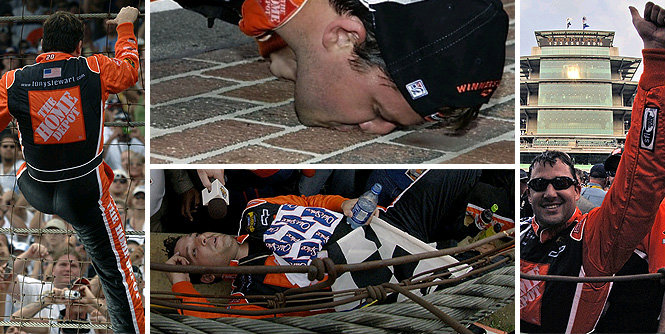 Be it climbing the fence or kissing the bricks, an exhausted and emotional Tony Stewart soaks in his first victory at Indy 2005 Brick