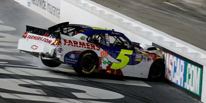 Yup, that's going to leave a mark. It's Terry King's job to paint a new coat on the Bristol track before and after every race. (Getty) 
