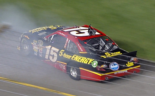 It wasn't long ago that Clint Bowyer was running second. Now, contact with Juan Montoya gave Bowyer a flat tire and spin. 