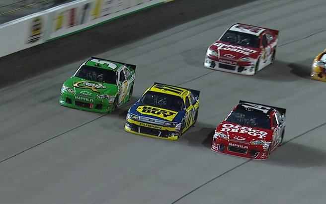 Tony Stewart has taken the lead after the race resumed following a rain caution as he looks to solidify his spot in the top 10 and hang on to his Chase bonus points. 