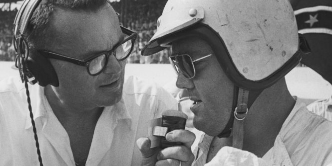 Chris Economaki interviews Junior Johnson after controversy struck the Southern 500 at Darlington in 1962. Johnson initially was declared the winner, but a scoring check revealed that Larry Frank had actually won the race.