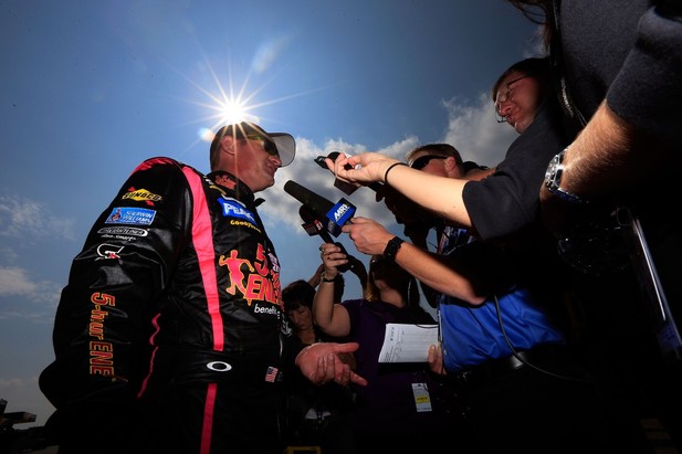 Clint Bowyer, driver of the #15 5-Hour Energy Benefiting Avon Foundation for Women Toyota, speaks to the media after qualifying at Talladega fall race 2012