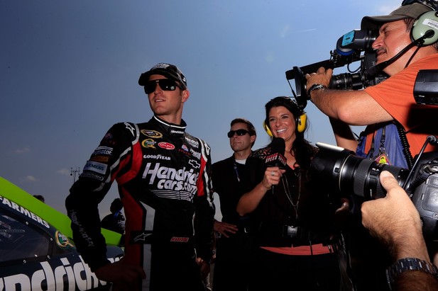 Kasey Kahne, driver of the #5 HendrickCars.com Chevrolet, speaks to the media after qualifying at Talladega fall race 2012