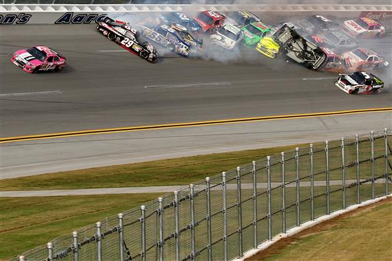 Tony Stewart (upside down near the top right) initiated the 'big one' on the final lap of the 
