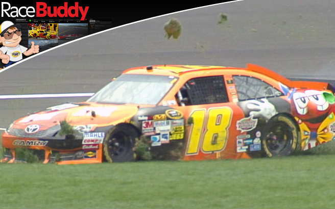 Kyle Busch was battling for the lead when he spun coming out of Turn 4. He kept the car off the wall, although it did pick up quite a bit of grass.