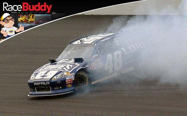 Jimmie Johnson went from leading at Kansas to a whole lot of trouble. First, he got caught on pit road when a caution came out. Then, a wreck has left the 48 damaged.