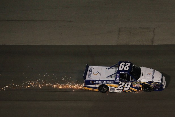 FORT WORTH, TX - NOVEMBER 02: Ryan Blaney drives the #29 Cooper Standard Ram back to the garage after being involved in an on track incident during the NASCAR Camping World Truck Series WinStar World Casino 350k at Texas
