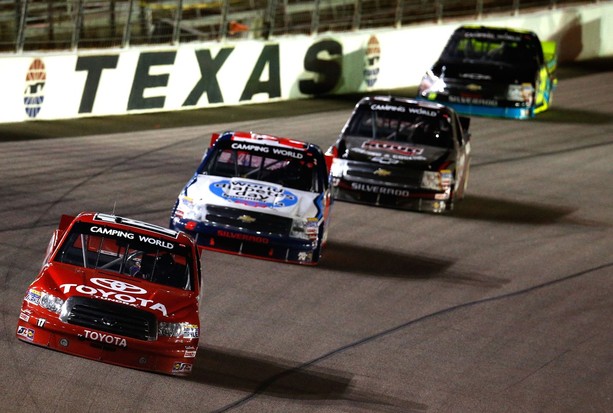 FORT WORTH, TX - NOVEMBER 02: Timothy Peters, driver of the #17 Toyota/Red Horse Racing Toyota, leads Miguel Paludo, driver of the #32 World Diabetes Day/Duroline Chevrolet, Cale Gale, driver of the #33 Ruud Chevrolet, and Ryan Sieg, driver of the #3