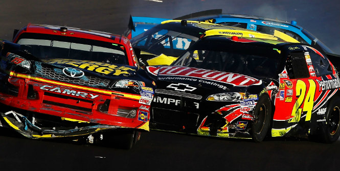 Parking pass - Jeff Gordon takes out Clint Bowyer at Phoenix. Jeff Gordon was fined $100,000, docked 25 points and placed on probation until Dec. 31 for his on-track actions at Phoenix. Fair?