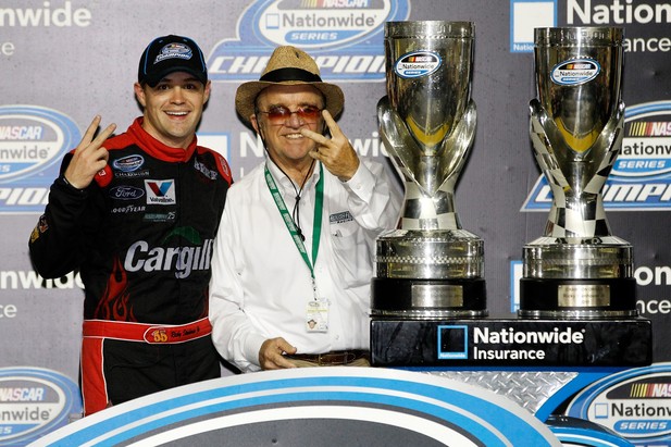 Ricky Stenhouse Jr., driver of the #6 Cargill Ford, and team owner Jack Roush celebrate after winning back-to-back Nationwide series championships after the NASCAR Nationwide Series Ford EcoBoost 300 at Homestead
