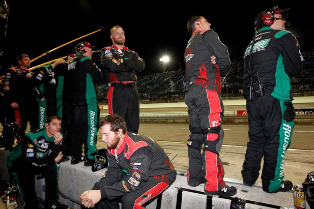 Crew members of the #6 Cargill Ford, driven by Ricky Stenhouse Jr., look on during the NASCAR Nationwide Series Ford EcoBoost 300 at Homestead