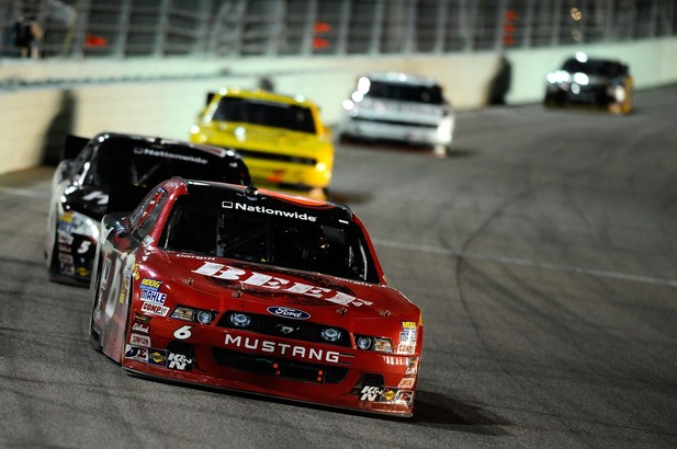 Ricky Stenhouse Jr., driver of the #6 Cargill Ford, leads a group of cars during the NASCAR Nationwide Series Ford EcoBoost 300 at Homestead