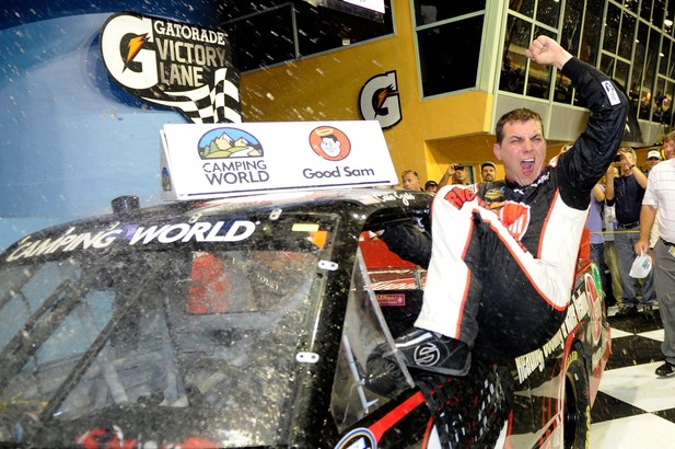 Cale Gale, driver of the #33 Rheem Chevrolet, celebrates in Victory Lane after winning the NASCAR Camping World Truck Series Ford EcoBoost 200 at Homestead