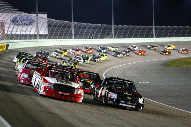 Parker Kligerman and Kyle Larson start during the Ford EcoBoost 200 race at Homestead-Miami Speedway at Homestead