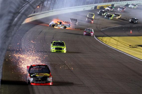 After moving to within one point of James Buescher, Ty Dillon was involved in a late-race incident with Kyle Larson which ended his championship hopes and dropped Dillon to fourth place in the final 2012 standings.