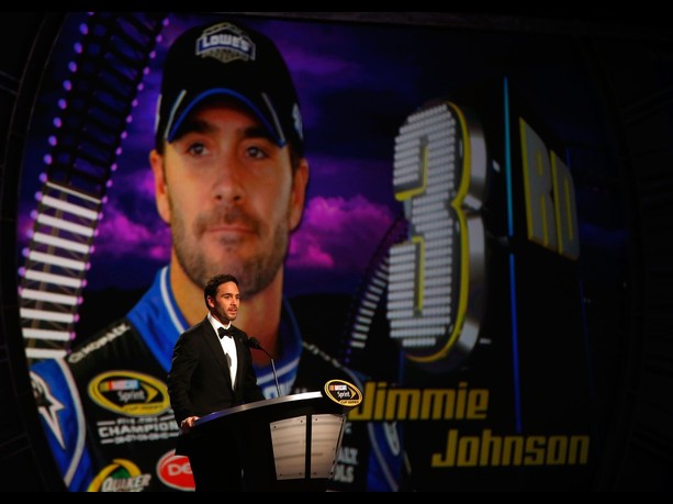 Third Place Jimmie Johnson, driver of the #48 Lowe's Chevrolet Hendrick, speaks during the NASCAR Champion's Awards Ceremony at the Wynn Las Vegas on November 30, 2012