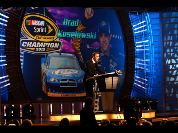NASCAR Sprint Cup Series Champion Brad Keselowski, driver of the #2 Miller Lite Dodge, speaks during the NASCAR Sprint Cup Series Champion's Awards Ceremony at the Wynn Las Vegas on November 30, 2012 