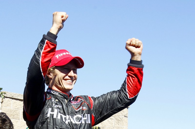 Ryan Briscoe, driver of the #2 Hitachi Team Penske Chevrolet, celebrates in victory lane after winning the GoPro Indy Grand Prix of Sonoma at Sonoma on August 26, 2012 in Sonoma, California. 