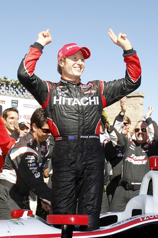 Ryan Briscoe, driver of the #2 Hitachi Team Penske Chevrolet, celebrates in victory lane after winning the GoPro Indy Grand Prix of Sonoma at Sonoma on August 26, 2012 in Sonoma, California.