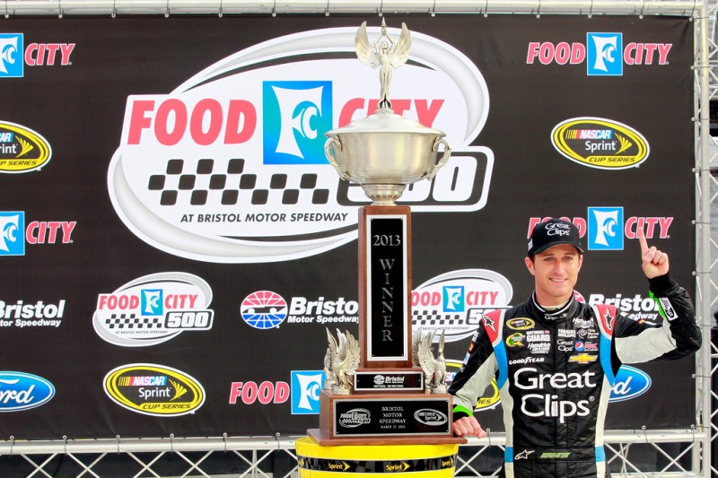 Kasey Kahne, driver of the #5 Great Clips Chevrolet, poses in Victory Lane after winning the NASCAR Sprint Cup Series Food City 500 at Bristol Motor Speedway on March 17, 2013 in Bristol, Tennessee.