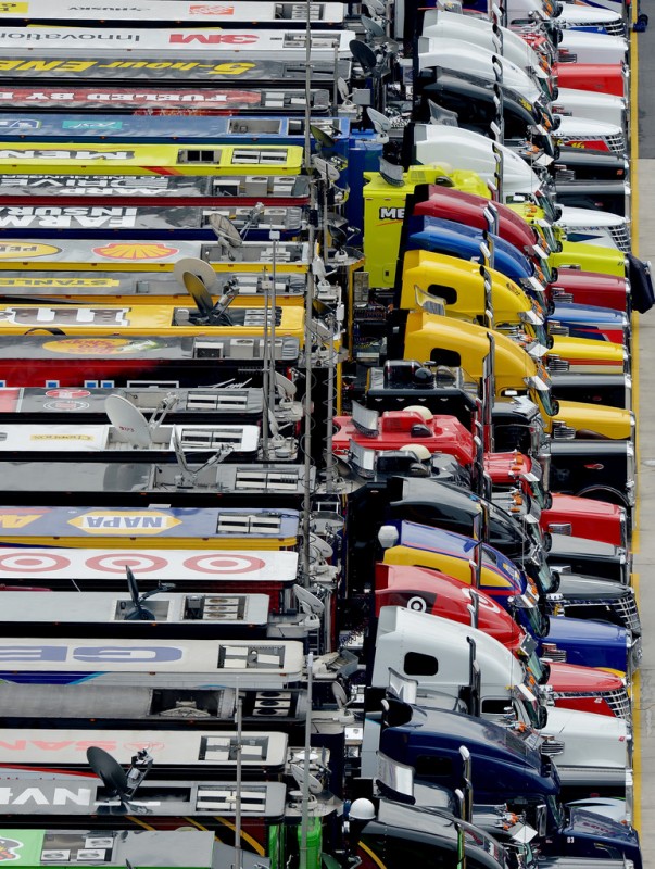 A general view of Sprint Cup Series car haulers lined in the infield during the NASCAR Sprint Cup Series Food City 500 at Bristol Motor Speedway on March 17, 2013 in Bristol, Tennessee.