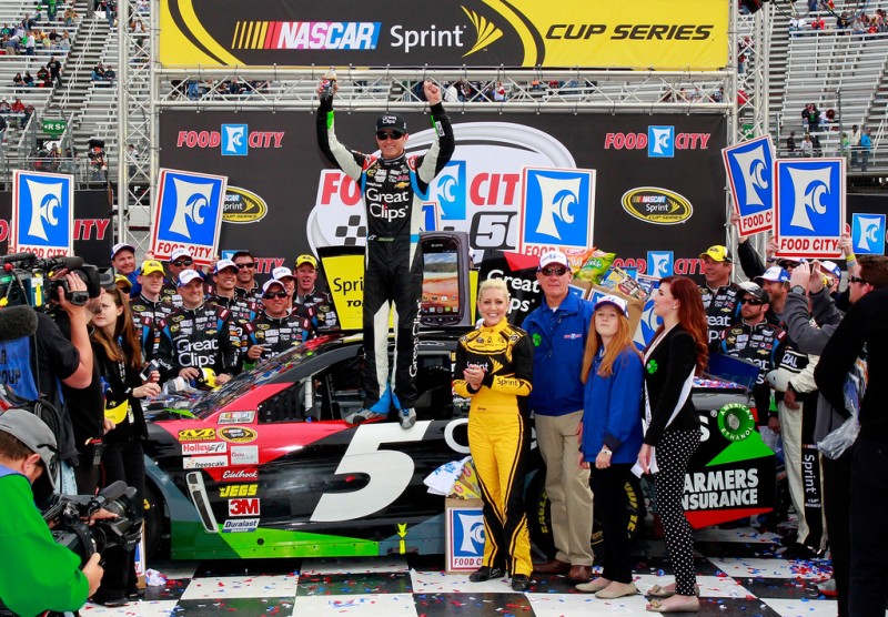 Kasey Kahne, driver of the #5 Great Clips Chevrolet, celebrates in Victory Lane after winning the NASCAR Sprint Cup Series Food City 500 at Bristol Motor Speedway on March 17, 2013 in Bristol, Tennessee.