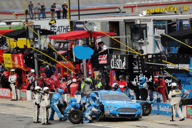 Aric Almirola, driver of the #43 Smithfield Ford, pits during the NASCAR Sprint Cup Series Food City 500 at Bristol Motor Speedway on March 17, 2013 in Bristol, Tennessee.
