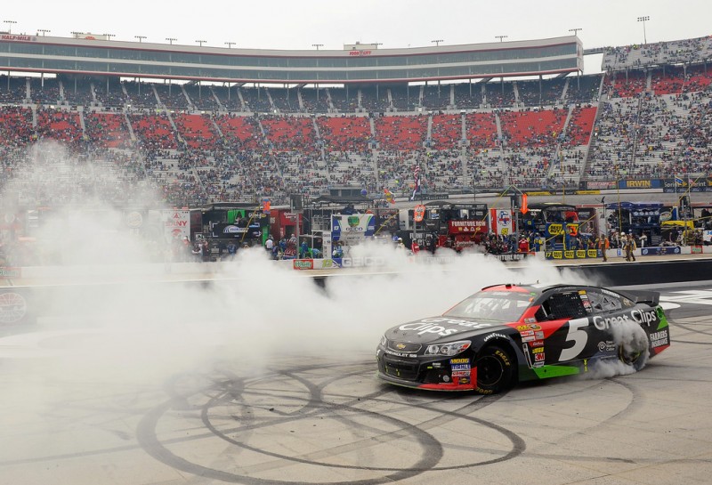 Kasey Kahne, driver of the #5 Great Clips Chevrolet, celebrates with a burnout after winning the NASCAR Sprint Cup Series Food City 500 at Bristol Motor Speedway on March 17, 2013 in Bristol, Tennessee. 