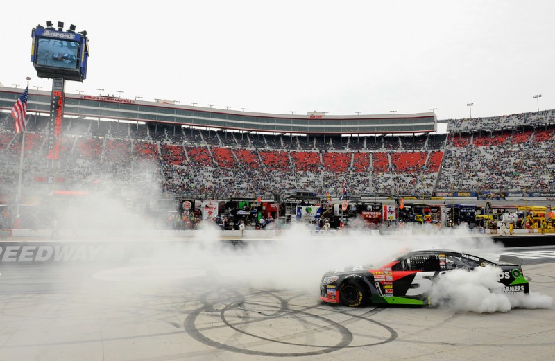 Kasey Kahne, driver of the #5 Great Clips Chevrolet, celebrates with a burnout after winning the NASCAR Sprint Cup Series Food City 500 at Bristol Motor Speedway on March 17, 2013 in Bristol, Tennessee.