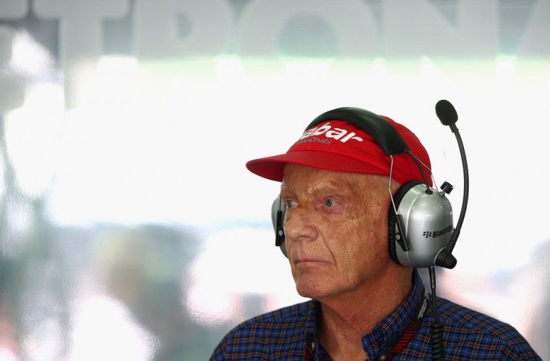 Former Formula 1 driver and non-executive chairman of Mercedes, Niki Lauda watches the timing screens during the final practice session prior to qualifying for the Malaysian Formula One Grand Prix at the Sepang Circuit on March 23, 2013 in Kuala Lump