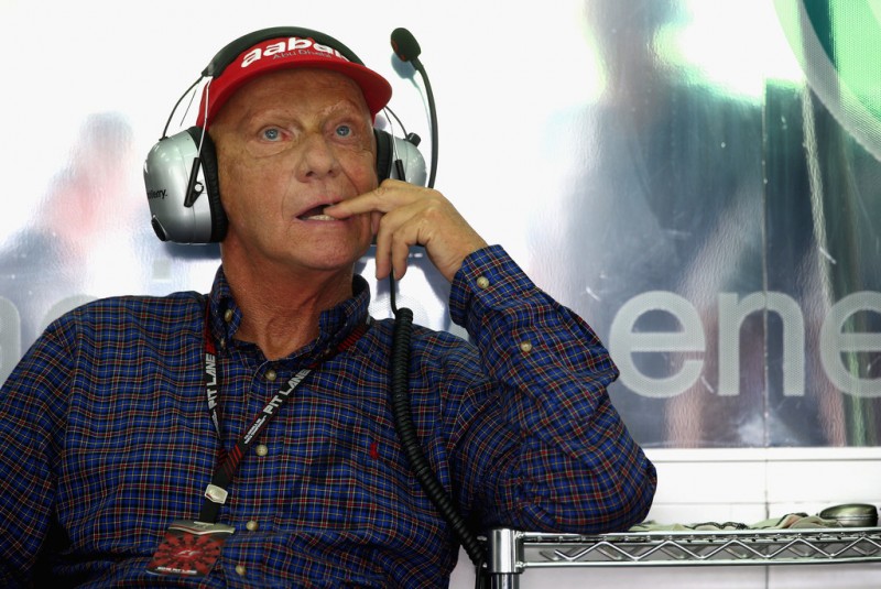 Former Formula 1 driver and non-executive chairman of Mercedes, Niki Lauda watches the timing screens during the final practice session prior to qualifying for the Malaysian Formula One Grand Prix at the Sepang Circuit on March 23, 2013 in Kuala Lump
