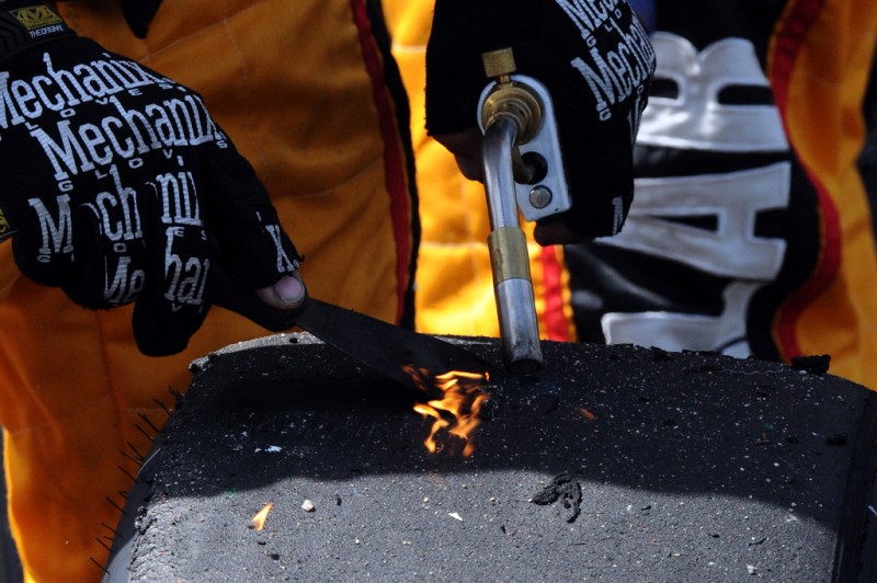A general view of tires after they came off of cars during a pit stop during the NASCAR Sprint Cup Series STP Gas Booster 500 on April 7, 2013 at Martinsville Speedway in Ridgeway, Virginia.