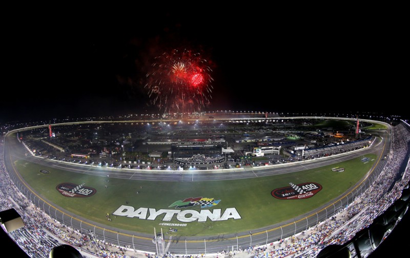 Fireworks are set off after Jimmie Johnson, driver of the #48 Lowe's Dover White Chevrolet, won the NASCAR Sprint Cup Series Coke Zero 400 at Daytona International Speedway on July 6, 2013 in Daytona Beach, Florida. 