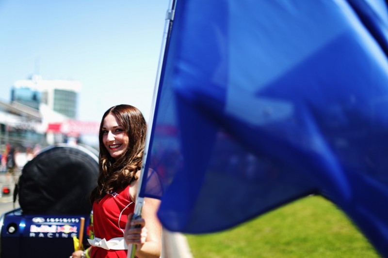 Grid girl is seen before the German Grand Prix at the Nuerburgring on July 7, 2013 in Nuerburg, Germany. 