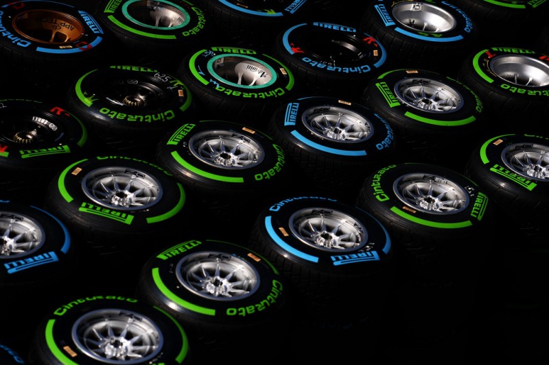 Pirelli tyres are laid out in the paddock following the German Grand Prix at the Nuerburgring on July 7, 2013 in Nuerburg, Germany. 
