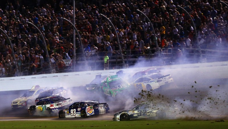 Ryan Newman, driver of the #39 Outback Steakhouse Chevrolet, Greg Biffle, driver of the #16 3M Ford, Kyle Busch, driver of the #18 Interstate Batteries Toyota, and Danica Patrick, driver of the #10 GoDaddy.com Chevrolet, crash during the NASCAR Sprin