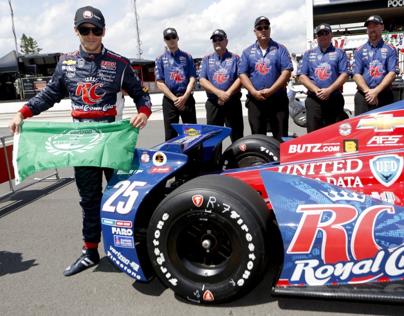 Marco Andretti, driver of the #25 RC Cola Chevrolet holds the pole award after qualifying first or the Pocono INDYCAR 400 at Pocono Raceway on July 5, 2013 in Long Pond, Pennsylvania. 