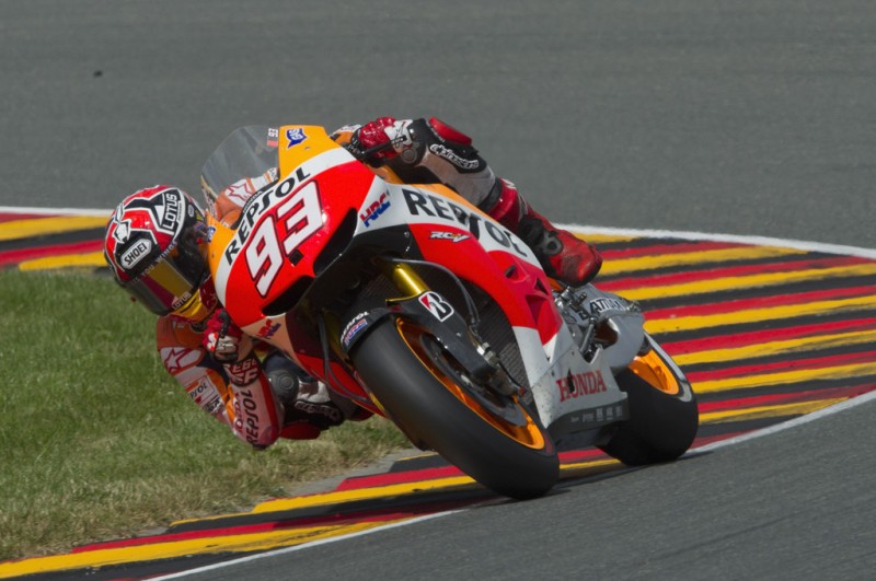Marc Marquez of Spain and Repsol Honda Team rounds the bend the MotoGP race during the MotoGp of Germany - Race at Sachsenring Circuit on July 14, 2013 in Hohenstein-Ernstthal, Germany. 