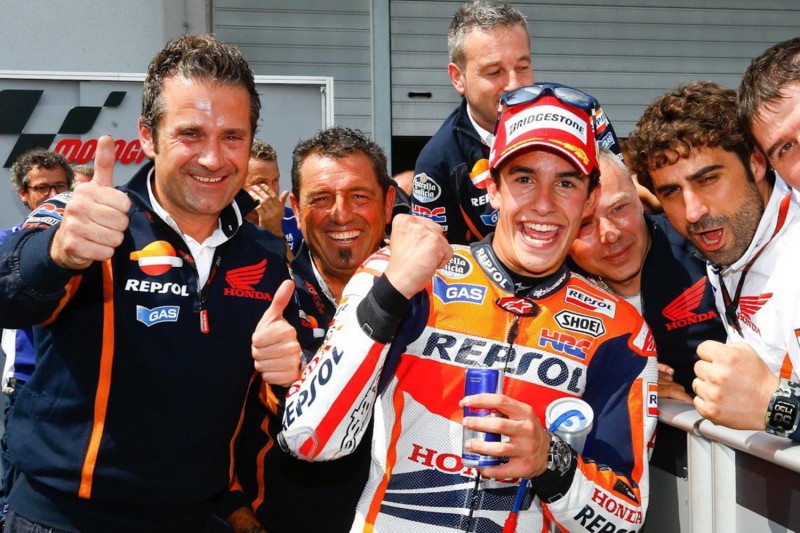 Marc Marquez of Spain and Repsol Honda Team celebrates the victory at the end of the MotoGP race during the MotoGp of Germany - Race at Sachsenring Circuit on July 14, 2013 in Hohenstein-Ernstthal, Germany. 