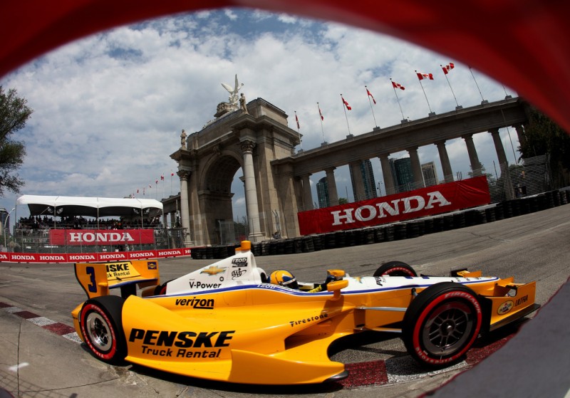 Helio Castroneves of Brazil, drives the #3 Penske Truck Rental during qualifying for the IZOD INDYCAR Series Honda Indy Toronto on July 7, 2012 in Toronto, Canada. 