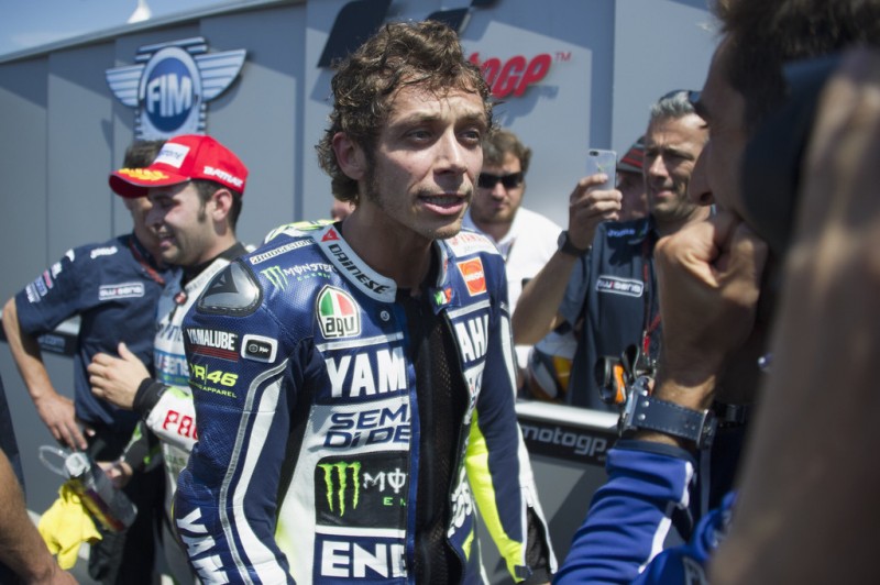 Valentino Rossi of Italy and Yamaha Factory Racing celebrates the third place under the podium at the end of the MotoGP race during the MotoGp Red Bull U.S. Grand Prix - Race at Mazda Raceway Laguna Seca on July 21, 2013 in Monterey, California. 