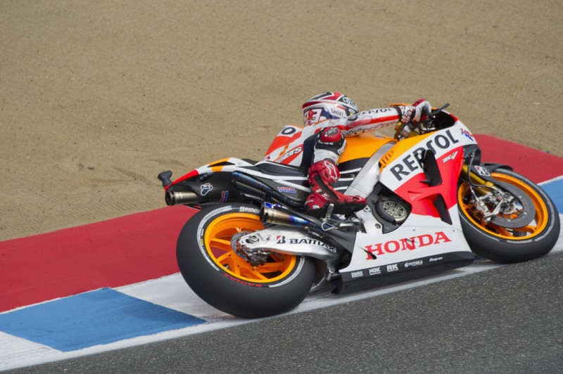 Marc Marquez of Spain and Repsol Honda Team rounds the bend during the MotoGp Red Bull U.S. Grand Prix - Qualifying at Mazda Raceway Laguna Seca on July 20, 2013 in Monterey, California. 