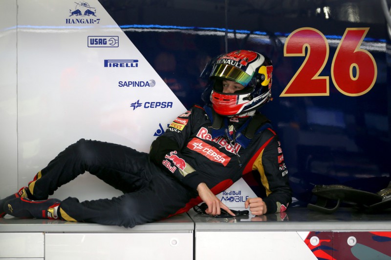 Daniil Kvyat of Russia and Scuderia Toro Rosso sits in the garage during day two of testing at Silverstone Circuit on July 9, 2014 in Northampton, England. 