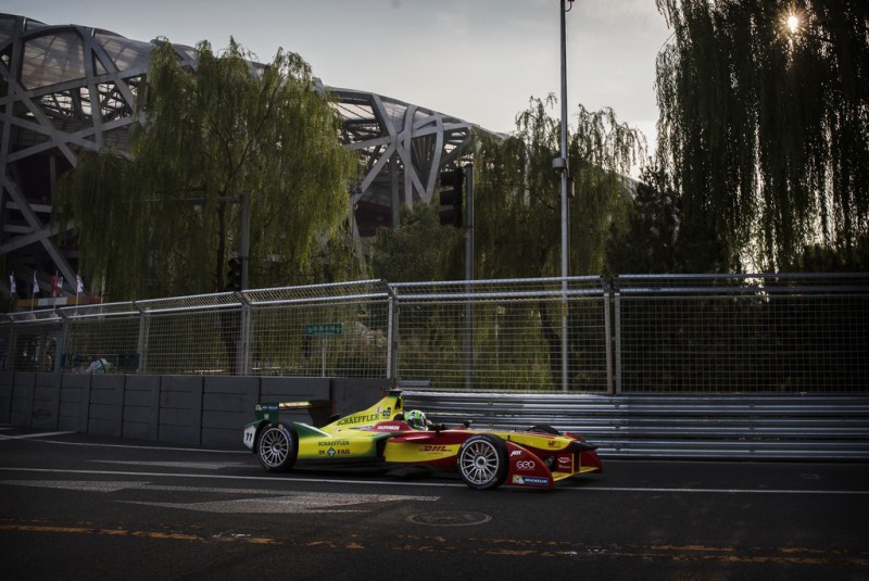 Audi Sport ABT driver Lucas di Grassi of Brazil drives on his way to winning the inaugral FIA Formula E Bejing ePrix Championship race on September 13, 2014 in Beijing, China. The electric car racing series is set to be hosted in nine other cities worldwide. 