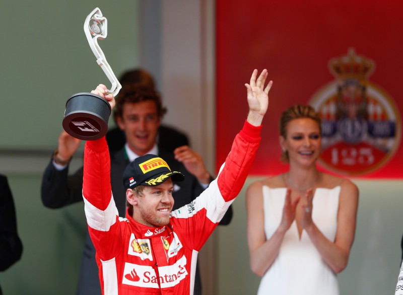 Sebastian Vettel of Germany and Ferrari celebrates on the podium after finishing second during the Monaco Formula One Grand Prix at Circuit de Monaco on May 24, 2015 in Monte-Carlo, Monaco.