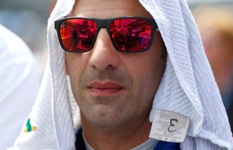 Tony Kanaan, driver of the #10 NTT Data Chip Ganassi Racing Chevrolet Dallara prepares to race during the 99th running of the Indianapolis 500 Mile Race at Indianapolis Motorspeedway on May 24, 2015 in Indianapolis, Indiana.