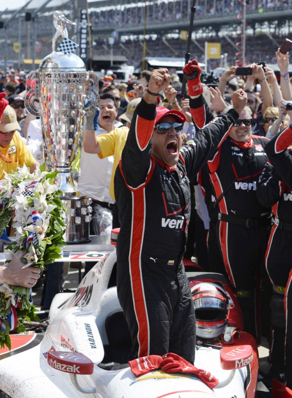 Juan Pablo Montoya of Colombia driver of the #2 Team Penske Chevrolet Dallara celebrates after winning the 99th running of the Indianapolis 500 mile race at the Indianapolis Motor Speedway on May 24, 2015 in Indianapolis, Indiana.