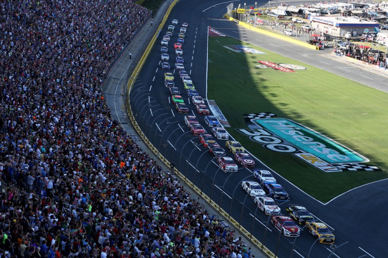 Matt Kenseth, driver of the #20 DeWalt Toyota, and Joey Logano, driver of the #22 Shell Pennzoil Ford, lead the field at the start of the NASCAR Sprint Cup Series Coca-Cola 600 at Charlotte Motor Speedway on May 24, 2015 in Charlotte, North Carolina. 